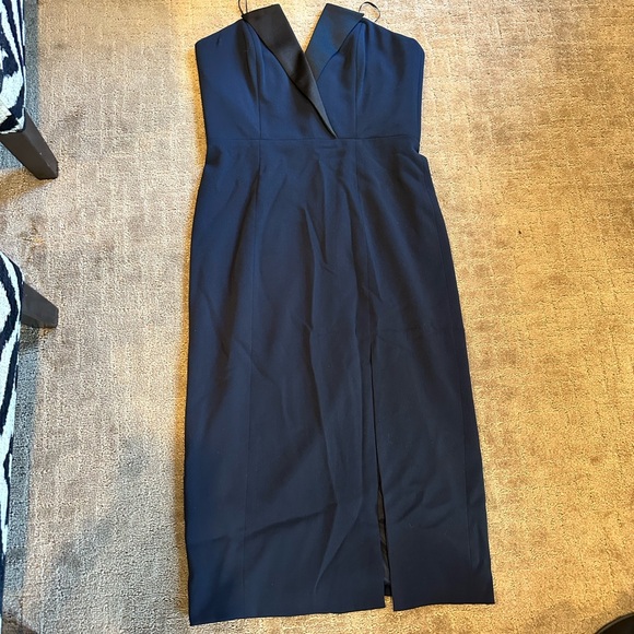 Jay Godfrey Navy Satin Black Trim Midi Strapless Dress - Picture 1 of 4